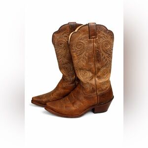 Justin Snip Toe Cowboy Boots Women 9B Tan Leather Western Cowgirl Stitched